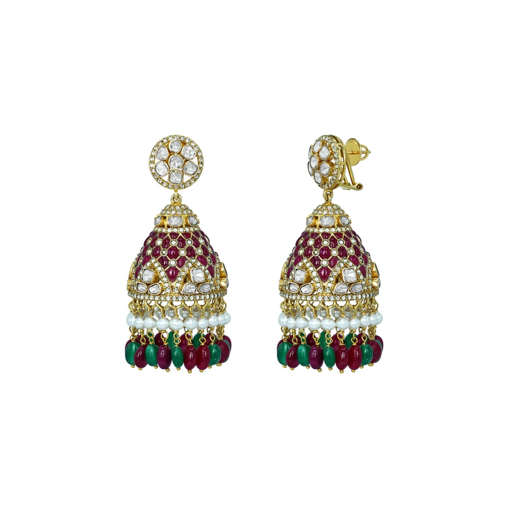 Polki Jhumka Earrings with Ruby Colourstone, Emerald, and Pearls